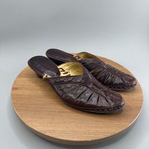 Pikolinos Leather Mules Kitten Heels 36 Brown Boho Spanish Design Cutout Clogs